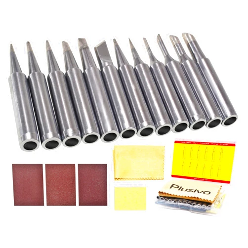 Plusivo Soldering Iron Tips 12 pcs 900M Replacement Solder Tips Kit (B, I, K, D, C) with Cleaning Sponge, Cloth, Sandpaper (Fine, Medium, Rough) for Soldering Iron Station from Plusivo