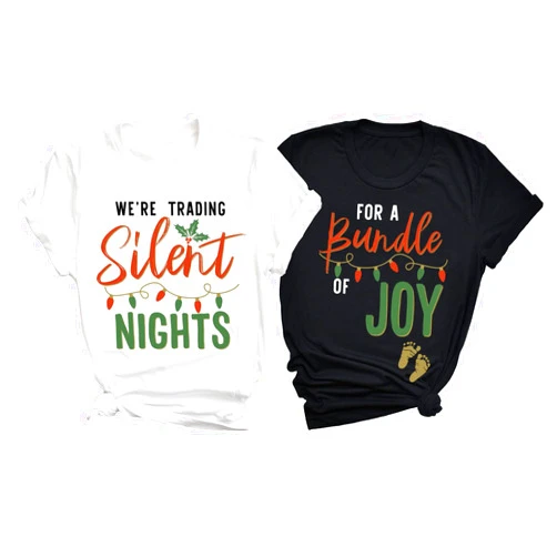 DT POD Couple Christmas Pregnancy Announcement Shirt, We're Trading Silent Nights for A Bundle of Joy, Matching Pregnancy Reveal Couple Shirt, New Dad Mom Baby Announcement Tee Gift