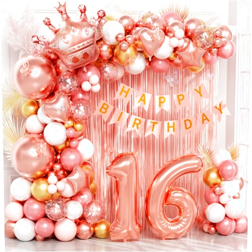 Vicduotex 123pcs Sweet 16 Party Decorations, 16th Birthday Decorations for Girls with Sweet 16 Banner 16 Balloon Number Fringe Curtain Rose Gold Pearl White Birthday Balloons for 16th Birthday Decorations