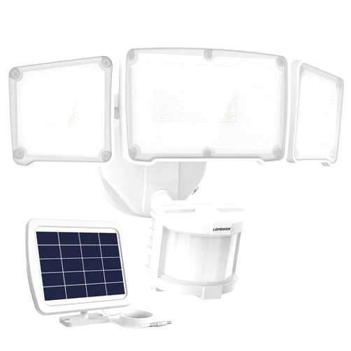 LEPOWER 1600LM LED Solar Security Lights Motion Outdoor, Solar Motion Sensor Light, 5500K White Light, IP65 Waterproof Outdoor Flood Solar Light with 3 Adjustable Head for Yard, Garage（White）
