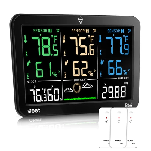 OBET Weather Station Wireless Indoor Outdoor Thermometer with 3 Sensors, Temperature Humidity Monitor with Alerts 500ft Range and 3 Adjustable Brightness
