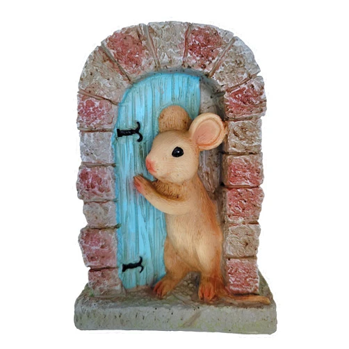 Mokoboho Magical Fairy Door with Enchanting Stone Pattern and Playful Mouse Figurine