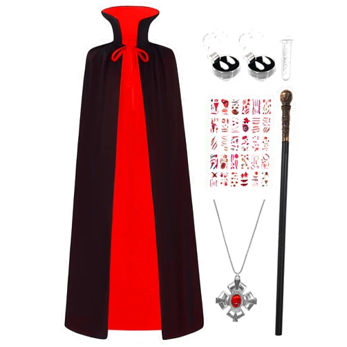 Oumbivil Halloween Vampire Costume Reversible Cloak Witch Cape Unisex Adult Collar with Necklace Scepter Teeth Tattoo Sticker
