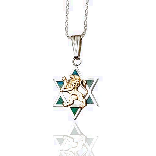 Handmade 925 Silver &14k Gold Star of David Pendant,Eilat Stone Jewelry,Eilat Stone Star Of David Lion Pendant