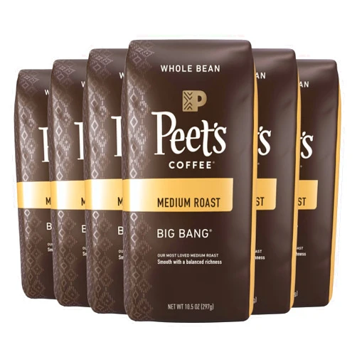 Peet's Coffee, Medium Roast Whole Bean Coffee - Big Bang 63 Ounces (6 Bags of 10.5 Ounces)