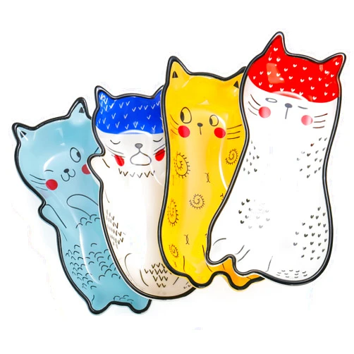 Yesland 4 Pack Ceramic Appetizer Plates, 8 Inch Small Cartoon Cat Themed Appetizer Dishes Cute Cat Plates Spoon Rests for Sushi, Condiments, Salad Add-One, Cookies, Small Snacks, Olives, Nuts