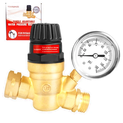 Touranize RV Water Pressure Regulator Valve, Handle Adjustable Brass Lead-Free RV Water Pressure Reducer with Gauge, for RV Camper Travel Trailer