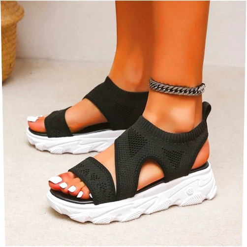 IRCHA Women's Soft & Comfortable Wedges Sandals Ladies Mesh Upper Breathable Sandals Elastic Strap Design Open Toe Slingback Sandals for Summer Beach Outdoors,Black,US5/EU36