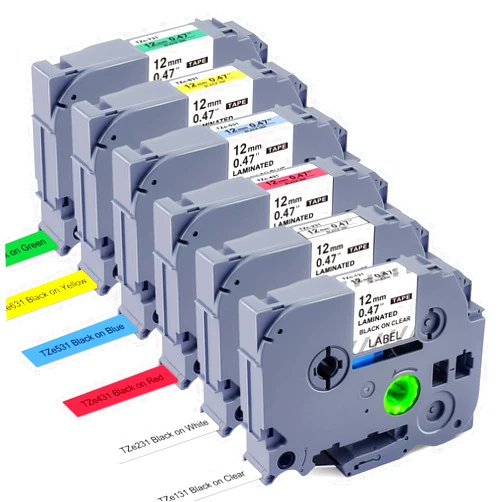 RAEMALL 6 Pack Replacement for Brother P Touch Label Maker Tape, TZe Tz Tape 12mm 0.47 Laminated White/Clear/Red/Yellow/Blue/Green Use for Brother P-Touch Label Maker PT-D210 PT-H110 PT-D220 D400AD