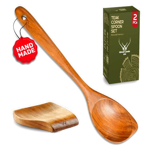 WOODLANDS USA CORNER Teak Wooden Spoon for Cooking With Teak Spoon Rest - Made of Premium Natural Teak Wood