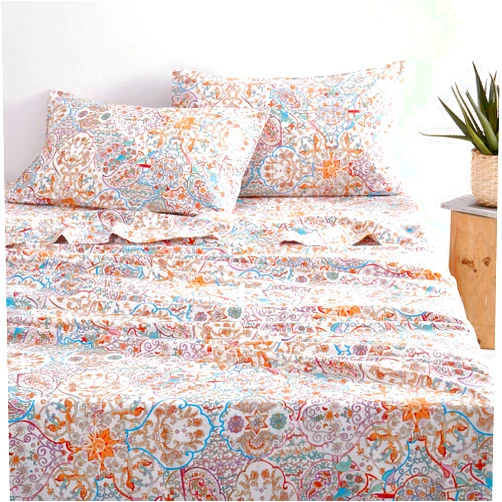 Wake In Cloud - Boho Bed Sheets, 100% Cotton, 4-Piece Sheet Set, Bohemian Paisley Chic Hippie Mandala Indian Patterned Aesthetic Bedding, Deep Pocket, Turquoise Orange, Queen Size