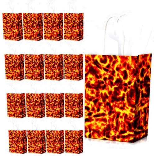Pajean 24 Pack Lava Paper Bags Lava Party Supplies, Volcano Birthday Fire Gift Kraft Dragon Dinosaur Theme Bags for Floor Game Theme Party with Handles, 8.7 x 6.3 x 3.2 Inches