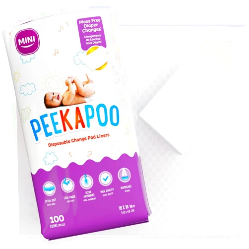 Peekapoo Mini - 100 Pack Disposable Changing Pads for Baby (18 Inches x 16 Inches) Disposable Waterproof Liners, Diaper Changing Pad Protector Mat