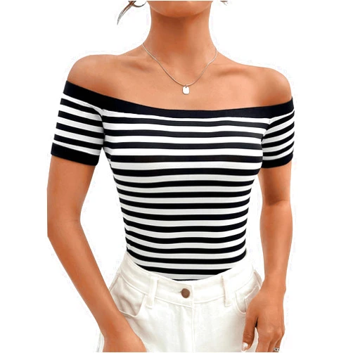 GORGLITTER Women's Striped Off Shoulder Top Short Sleeve Slim Fit Casual Tee Shirt
