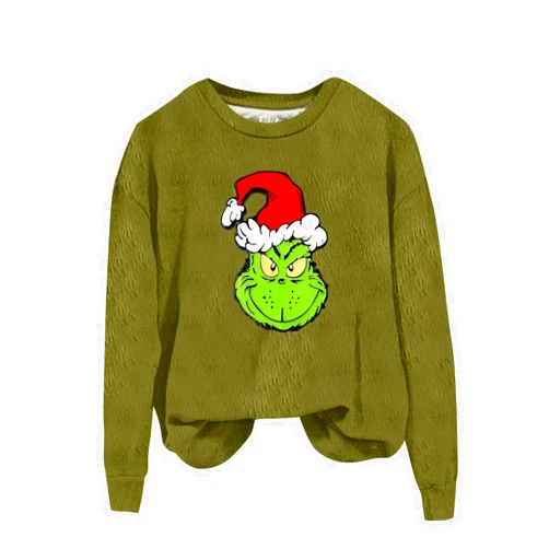 Generic 𝑮𝒓𝒊𝒏𝒄𝒉𝒔 Sweatshirt for Women Crew Neck Christmas Print T Shirt Long Sleeve Sweatshirts Trendy Pullover Tops