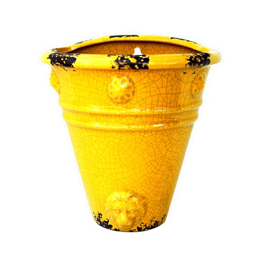 Goodman and Wife Old World Roman Style Wall Hanging Planter in Cracked Ice Ceramic Finish (Yellow)