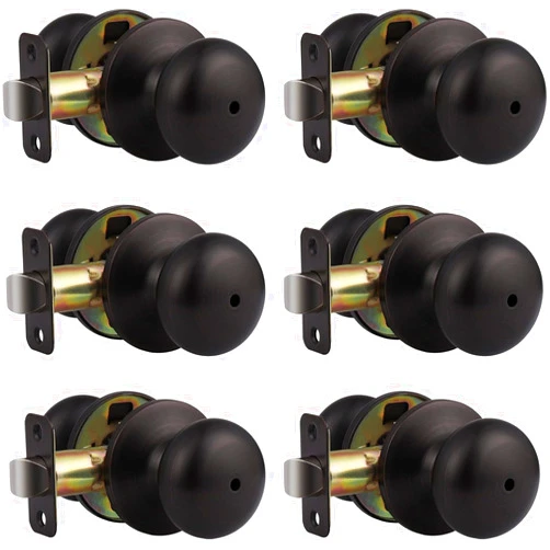 Brotima 6 Pack Privacy Door Knob, Keyless Oil Rubbed Bronze Flat Ball Knobs with Lock, Interior Round Lock Set for Bedroom, Bathroom, Reversible for Right/Left Handed Door