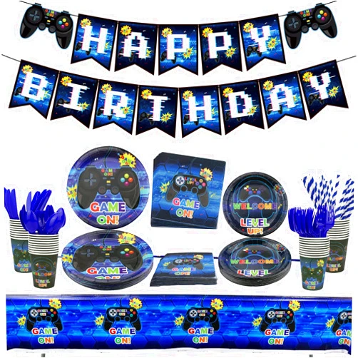 Hegbolke Video Game Party Supplies - Game Birthday Decoration Kit for Boys, Including HAPPY BIRTHDAY Banner, Plates, Cups, Napkins, Tableware, Tablecloths, for Kid Birthday Decoration - Serves 20