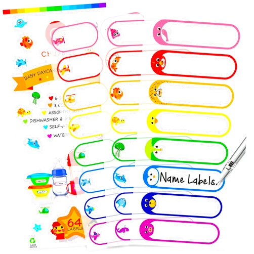 CHUBBIEE Baby Bottle Labels for Daycare, Self-Laminating, Waterproof Write-On Name Labels, Assorted Sizes & Colors, Pack of 64