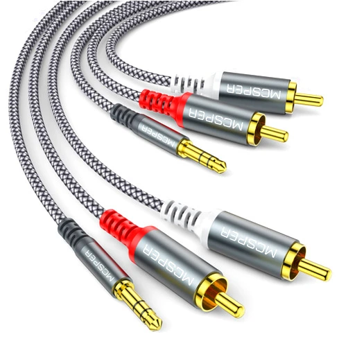 MCSPER 2-Pack RCA to 3.5mm AUX Cable, (6.6 Feet) 3.5 mm 1/8 to RCA 2-Male Headphone Jack Adapter Splitter Premium Stereo Audio Cord for Connects a Smartphone, Tablet, HDTV,or MP3 Player to a Speaker (Grey)