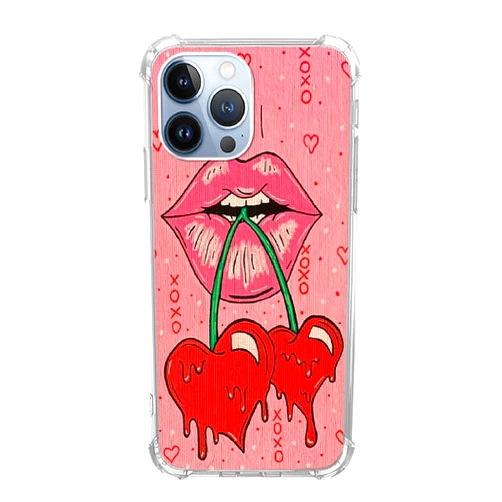 Joktruay Cherry Hearts Painting Phone Case Compatible with iPhone 12 Pro Max, Red Lips and Cherry Teen Girl Boy Silicone Shockproof TPU Bumper Case for iPhone 12 Pro Max