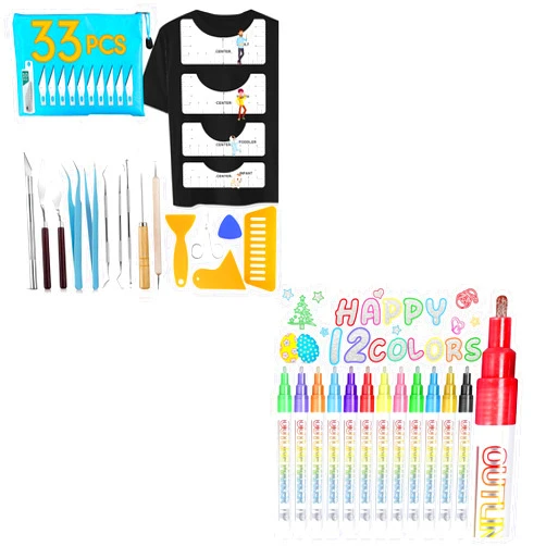 CLOYAN 33pcs Vinyl Weeding Tools with T-Shirt Ruler Guide, Outline Markers Double Line 12 Colors