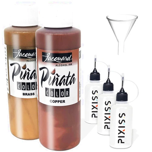 GrandProducts Art Bundles Jacquard Pinata Metals Bundle - Brass and Copper Colors (4-Ounce Bottles), 3 Pixiss 20ml Needle Tip Applicator and Refill Bottles and 1.5 inch Funnel Bundle for Yupo and Resin