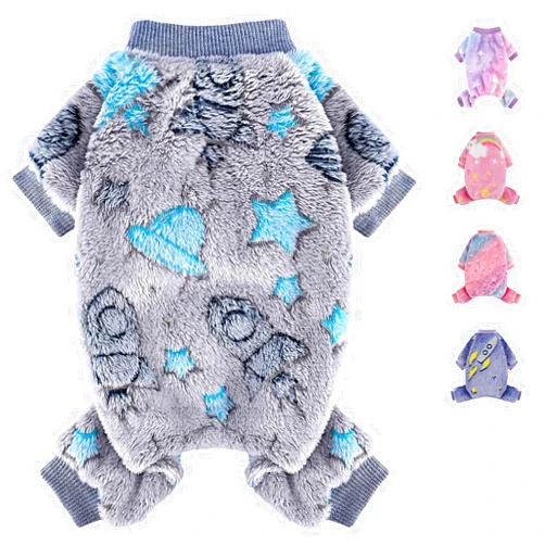 PinkBow Fleece Pajamas for Small Dogs, Winter Clothes Pjs Cute Extra Small Dog Sweaters Boy Male, 4 Legs Puppy Jumpsuit, Soft Onesies Pet Apparel Outfits for Chihuahua Yorkie Cat, Grey, XXS