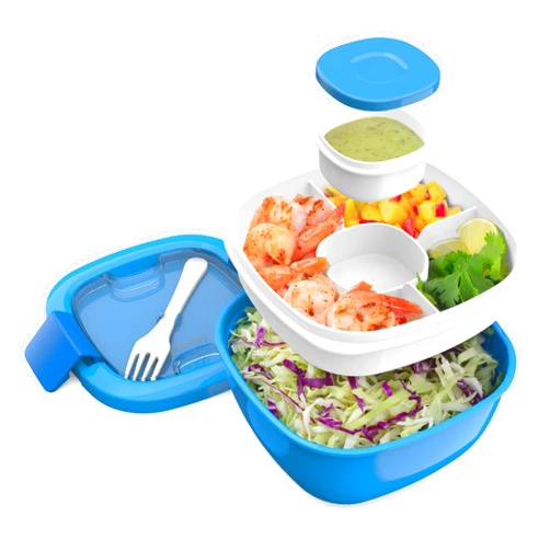 Bentgo All-in-One Salad Container - Large Salad Bowl, Bento Box Tray, Leak-Proof Sauce Container, Airtight Lid, & Fork for Healthy Adult Lunches; BPA-Free & Dishwasher/Microwave Safe (Blue)