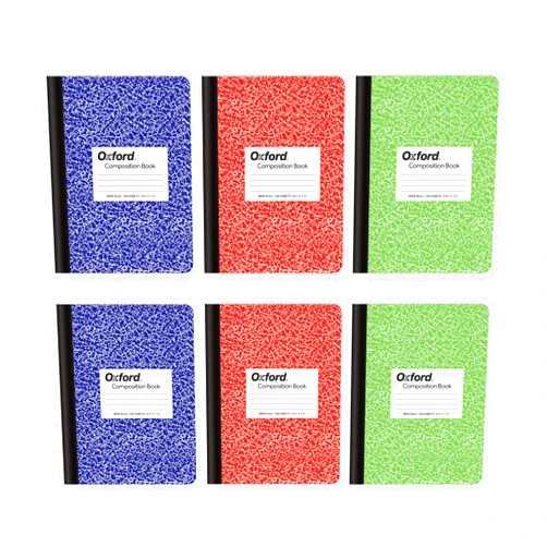 Oxford Composition Notebook 6 Pack, School Supplies, Notebooks for School, Wide Ruled Paper. 9-3/4 x 7-1/2 Inches, 100 Sheets, Assorted Marble Covers, 2 Each: Blue, Green, Red (63762)