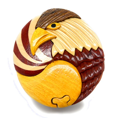 South Asian Handicrafts American Eagle - Handcrafted Wooden Puzzle Box, All Natural Intarsia Wood Art, with Secret Compartment and Key