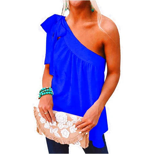 Faculol One Shoulder Tops for Women Casual Loose Self Tie Bow Knot Shirt Sleeveless Tunics Blouse