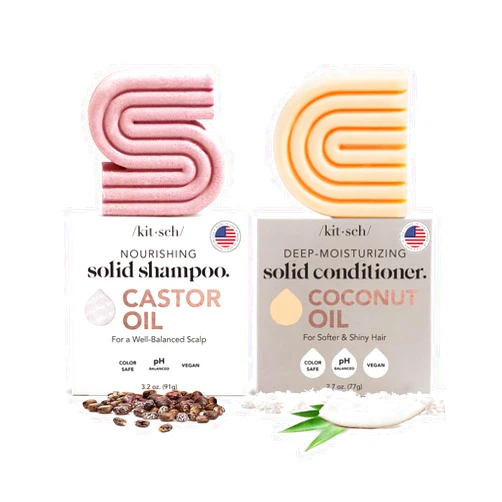 Kitsch Castor Oil Shampoo Bar & Coconut Oil Conditioner Bar - Hydrating & Moisturizing Bar Shampoo for Dull & Dry Hair, Strengthen & Restore Damage Hair, Deep-Moisturizing Hair Conditioner Bar,2pc Set