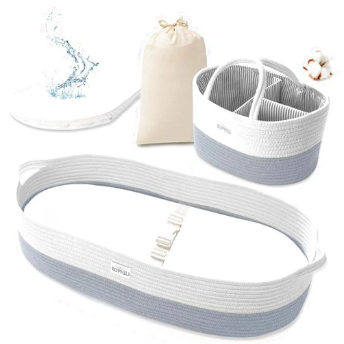 BOPHILI Baby Changing Basket Set w/Large Matching Diaper Caddy, Foam Changing Pad & Water Repellent Cover, Premium Cotton Rope Moses Baskets Changing Table Topper, Wipe Clean, Built-in Security Strap