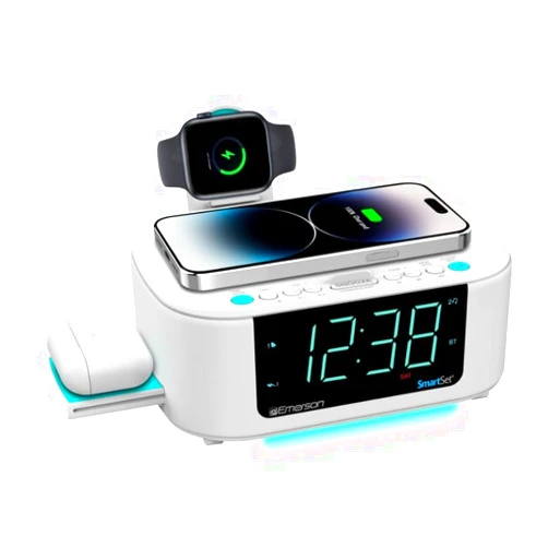 Emerson CKSW5010 Smartset Wireless Charging, Dual Alarm FM Clock, Bluetooth Radio/Speaker, 15W for Ultra-Fast Charging, 3W Retractable Port for Air Pods, White
