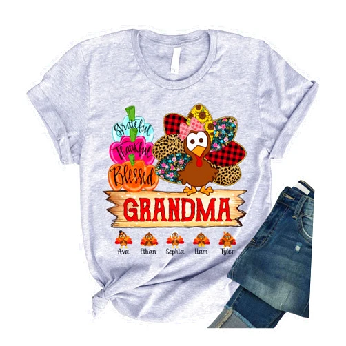 Pamaheart Personalized Grandma Shirt, Thankful Grateful Blessed Grandma Turkey Shirt, Grandma Shirt, Thankful Grandma Shirt