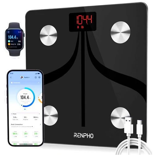 RENPHO Smart Scale for Body Weight, USB-C Rechargeable Digital Bathroom Scale, Electronic 13 Body Composition Monitor with Smartphone App, 396 lbs, Black, Elis 1 (11 inch)