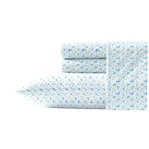 Laura Ashley - Queen Sheets, Super Soft Cotton Percale Bedding Set with Match Pillowcases, Breathable Essentials (Evie Blue, Queen)