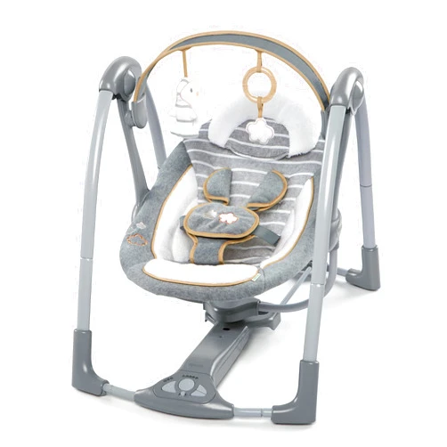Ingenuity Swing 'n Go Deluxe 5-Speed Baby Swing with Cushioned Harness - Foldable, Portable, 2 Plush Toys & Sounds, 0-9 Months 6-20 lbs (Bella Teddy)