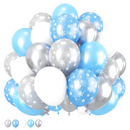 Paeyeq Frozen Balloons, 12 Inch 60pcs Blue White and Silver Latex Balloons with Snowflake Balloons, Winter Theme Balloons Set for Frozen Theme Party Winter Wonderland Birthday Party Decorations Supplies