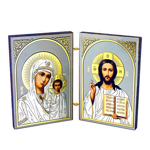 Needzo Christ the Teacher and Virgin Mary of Kazan Icon Diptych Orthodox Catholic Christian Icons 5 1/4 Inch, Silver Gold Foil