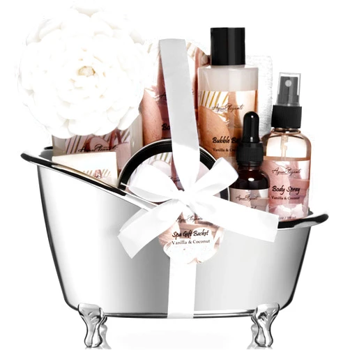 Aqua Elegante Spa Gift Baskets For Women - Luxury Bath Set With Coconut & Vanilla - Spa Kit Includes Body Wash, Bubble Bath, Lotion, Body Butter, Soap, Body Spray, Shower Puff, and Towel