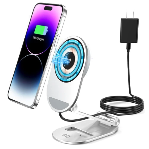 Minthouz Magnetic Wireless Charger, Minthouz Foldable Mag Safe Charging Stand, Adjustable Aluminum Phone Holder with 20W USB-C Fast Charger Included, for iPhone 16 15 14 13 12 Pro/Max/Plus, AirPods 3/Pro 2/Pro