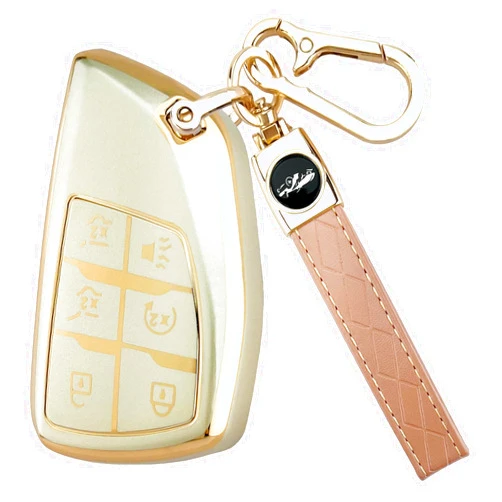 Joouheax for Chevy Key Fob Cover with Keychain, Soft TPU Full Protection Car Key Case Compatible with Chevy 2021 2022 2023 2024 2025 Tahoe Sierra Suburban GMC Yukon Denali Silverado, 6 Buttons, Gold