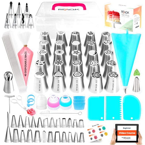 RFAQK 150PCs Russian Piping Tips for Cake Decorating - Piping Bags and Tips Set include 25 Extra Large Russian Tips,31 Icing Tips, 41 Pastry Bags & Other Frosting Tools for Cookie, Cupcake & Cake Decoration