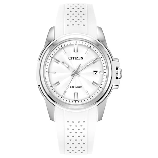 Citizen Ladies' Eco-Drive Classic Silver Stainless Steel 3 Hand Watch with White Rubber Strap,White Dial (Model:FE6131-04A)