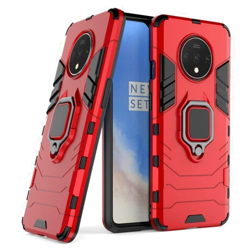 MaiJin LuluMain Compatible with OnePlus 7T Case, Metal Ring Grip Kickstand Shockproof Hard Bumper (Works with Magnetic Car Mount) Dual Layer Rugged Cover for OnePlus 7T (Red)