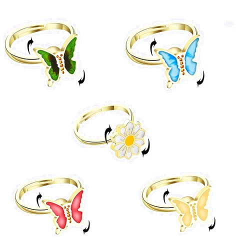 COLORFUL BLING Fidget Spinner Rings Butterfly Daisy Flower Rotating Spinning Anxiety Ring for Women Adjustable Open Sunflower Ring Fidget Rotatable Calming Worry Meditation Ring Anxiety Stress Relief Ring
