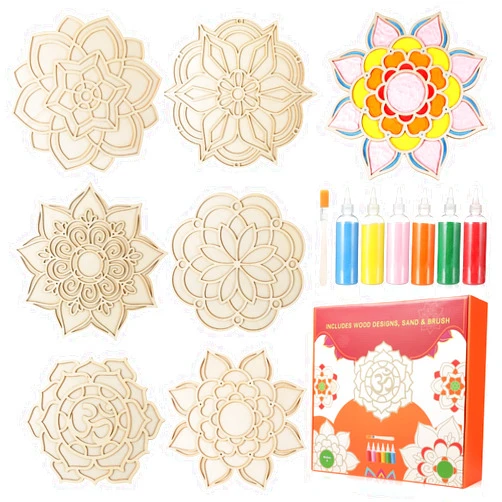 Colingmill 14 Pcs Rangoli Mandala Sand Art Kits, Reusable Wooden Mandala Base, Vibrant Rangoli Powder Colors with Brush Included Reusable Rangoli with Sand for Home Decoration, Happy Diwali