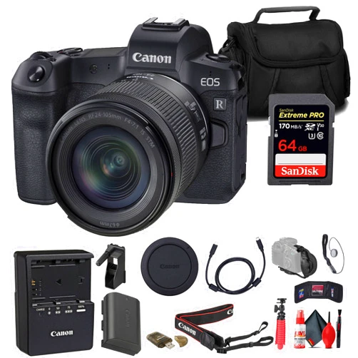 Canon EOS R Mirrorless Camera with 24-105mm f/4-7.1 Lens (3075C032) + 64GB Memory Card + Bag + Card Reader + Flex Tripod + Hand Strap + Memory Wallet + Cap Keeper + Cleaning Kit (Renewed)